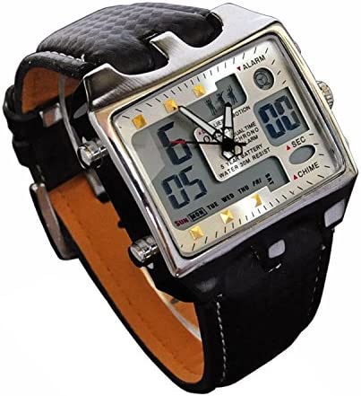 ShoppeWatch Mens Referee Sports Watch Big Square Face LED Dual Time Analog Digit…