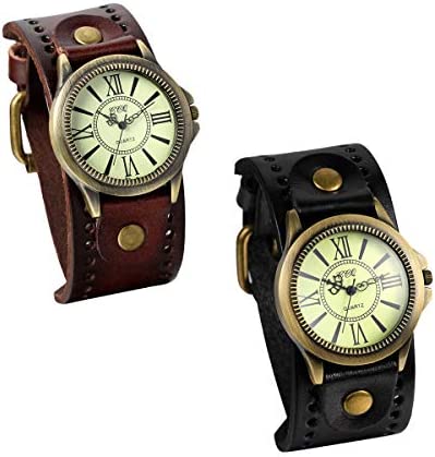 JewelryWe Vintage Wrist Watch Wide Leather Strap Band Cuff Quartz Watches for Me…