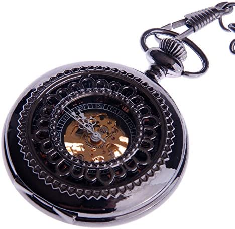 Skeleton Mechanical Pocket Watch Wind Up with Chain Mens Steampunk Pocketwatch R…