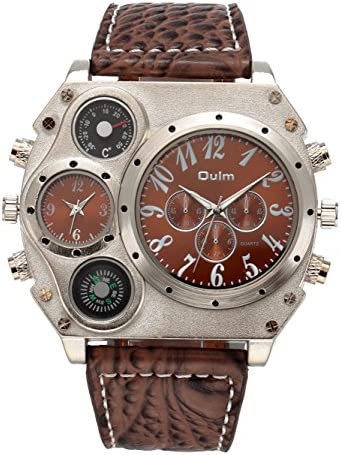 ShoppeWatch Mens Oversized Wrist Watch Dual Time Display Quartz Dark Brown Leath…