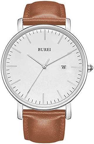 BUREI Men’s Fashion Minimalist Wrist Watch Analog Date with Leather Strap