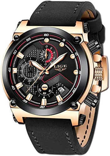 LIGE Men’s Fashion Sport Quartz Watch with Brown Leather Strap Chronograph Water…
