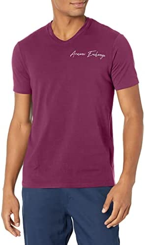 A|X ARMANI EXCHANGE Men’s Embroidered Cursive Small Logo V-Neck T-Shirt