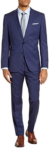 Hugo Boss Mens Huge/Genius Slim Fit Check Wool Suit 38 Regular Blue