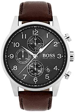 BOSS Navigator, Quartz Stainless Steel and Leather Strap Casual Watch, Brown, 15…