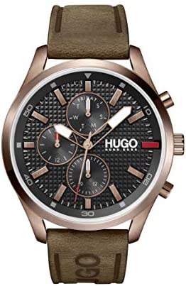 HUGO #Chase Men’s Multifunction Stainless Steel and Leather Strap Casual Watch, …
