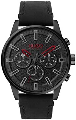 HUGO #Seek Men’s Quartz Multifunction Stainless Steel and Leather Strap Watch, C…