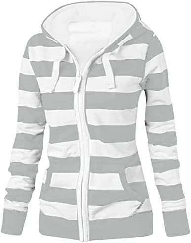 Striped Hoodies for Women Tops Zip Up Jackets Print Lightweight Hooded Long Slee…