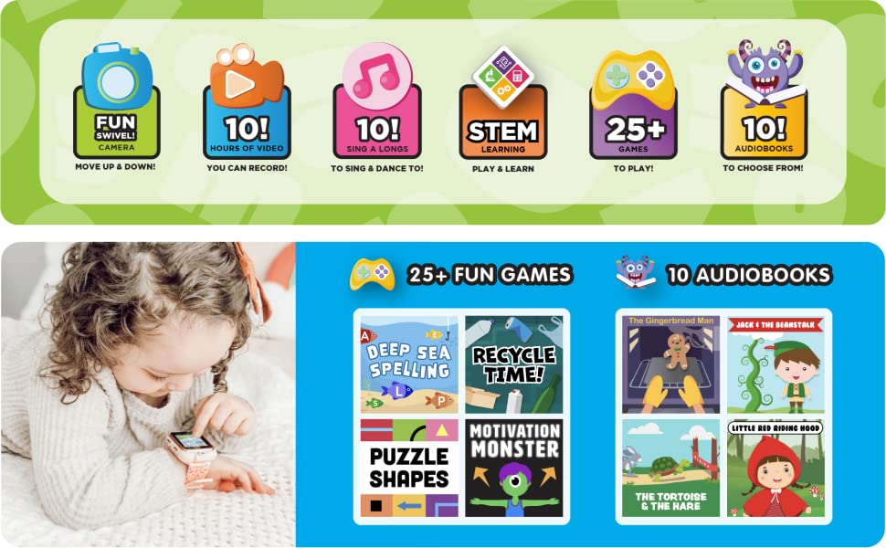 Camera, Video Recorder, Music Player, MP3, STEM Learning, Games, Audio Books, Wrist Watch, Toys 