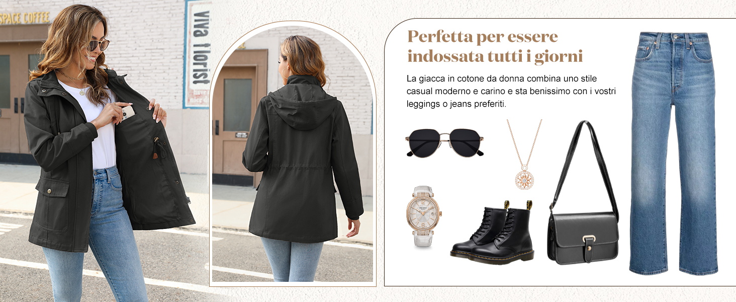 primaverile donna giaccone giubbotti jacket zip con cappuccio abbigliamento mezza stagione outwear