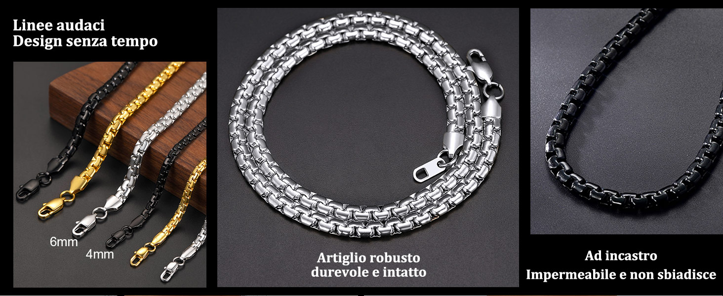 Esposizione di tre catene da collana in diversi stili: oro giallo, catena scatolata in argento e catenina nera su sfondo scuro.