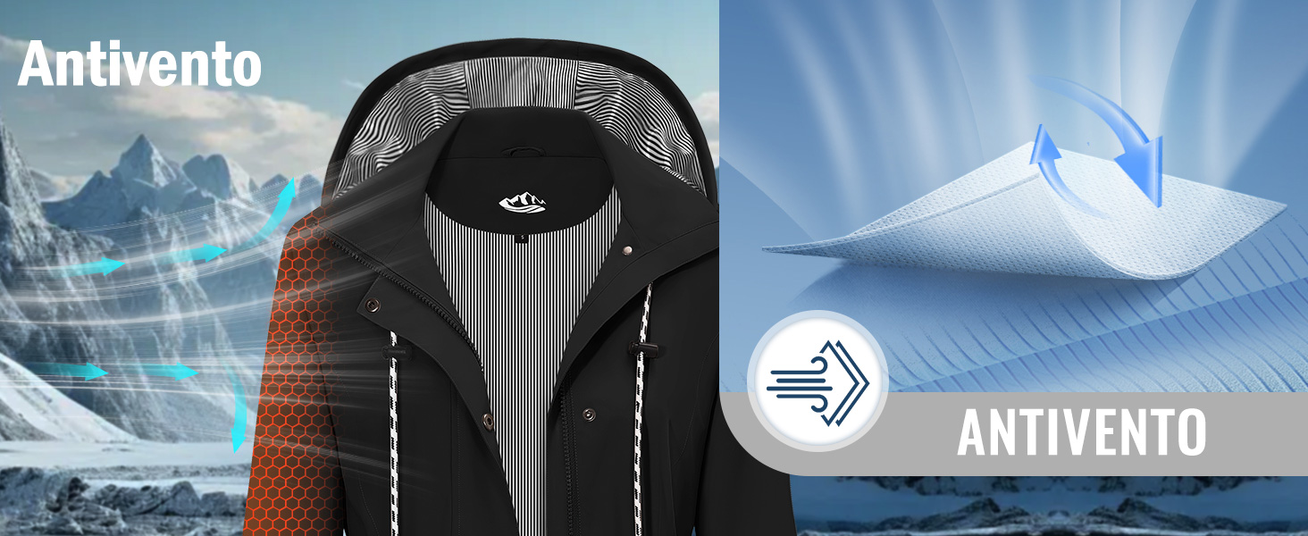 Abbigliamento o attrezzatura sportiva con marchio «Antivento» sullo sfondo del paesaggio montano ed elementi di design tecnico.