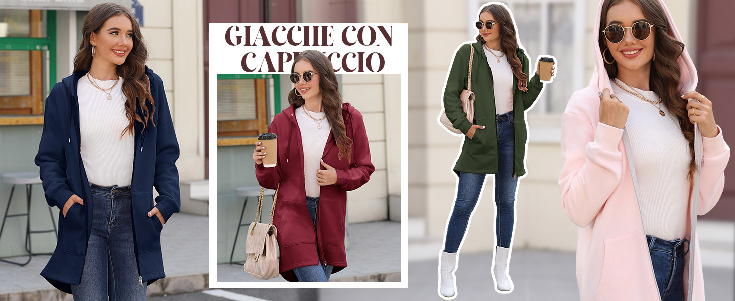 Felpa Donna con Cappuccio e Zip Giacca Sportiva Leggero Hoodie Cotone Manica Lunga