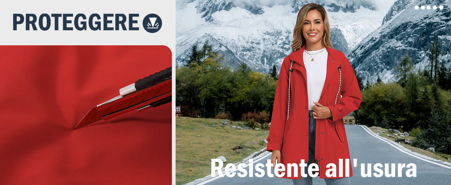 Immagini promozionali di abbigliamento o attrezzatura per attività all'aperto raffiguranti paesaggi montani innevati con il testo «PROTEGGERE» visibile.