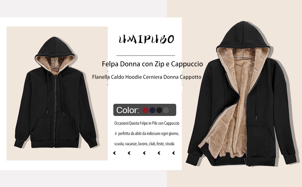 Felpa Donna con Zip e Cappuccio Flanella Caldo Hoodie Cerniera Donna Cappotto Sweatshirt