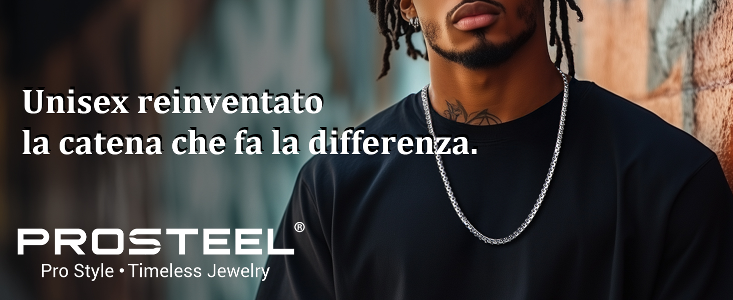 Pubblicità che mostra una collana a catena in argento con testo «PROSTEEL» e slogan in lingua italiana su sfondo urbano