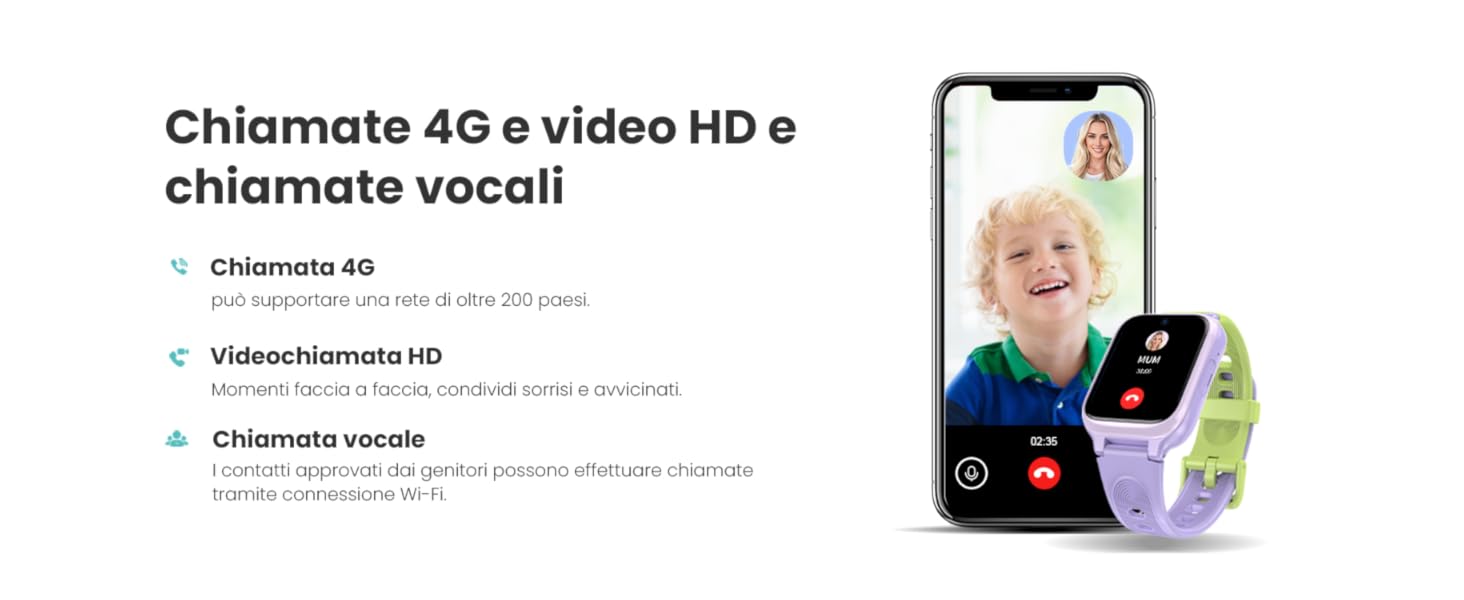 Il testo dice 'Chiamate 4G e video HD e chiamate vocali'. Display del prodotto che mostra lo smartwatch abbinato allo smartphone con interfaccia di videochiamata.