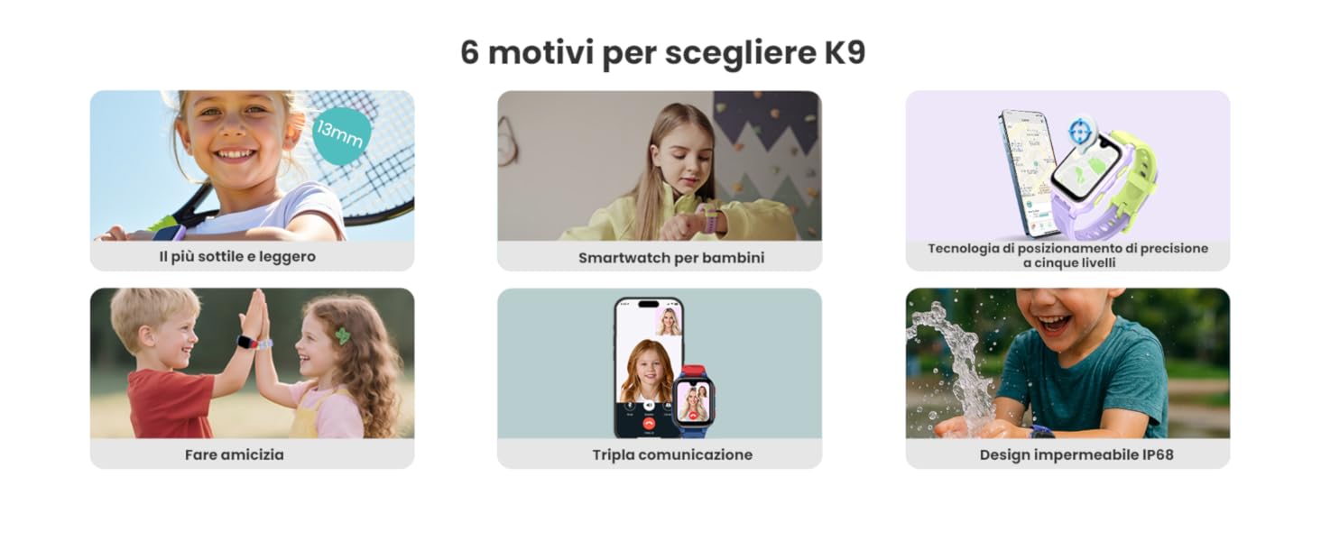 Il testo recita: '6 motivi per scegliere k9'. Griglia di sei pannelli che mostra diversi scenari di utilizzo e vantaggi del prodotto.