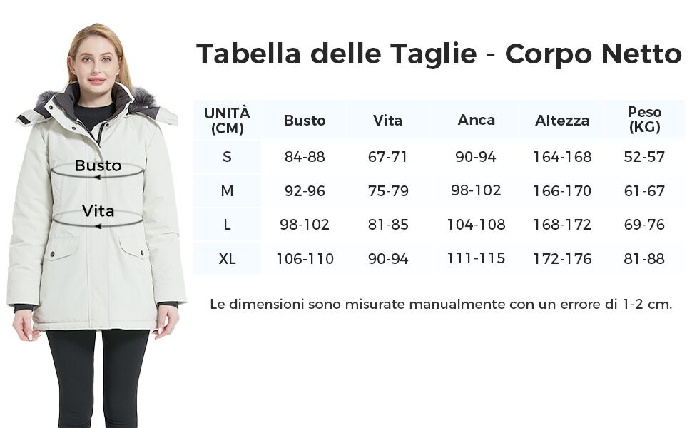 intitolata 'Tabella delle Taglie - Corpo Netto' che mostra le misure di busto, vita, fianchi, altezza
