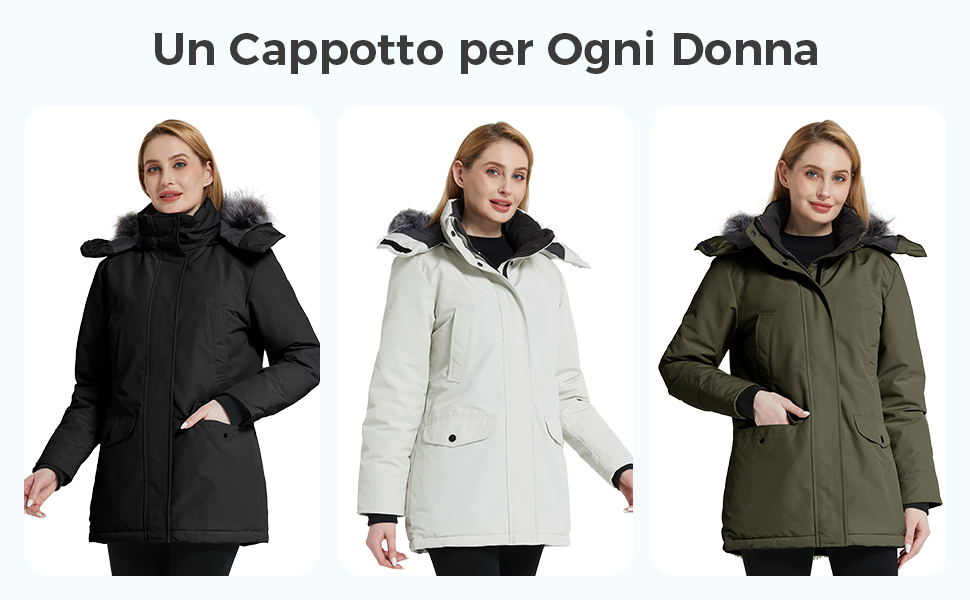 Tre donne che modellano cappotti invernali in nero, bianco sporco e verde oliva. I cappotti sono dotati di cappuccio con pelliccia, tasche frontali e sembrano isolati