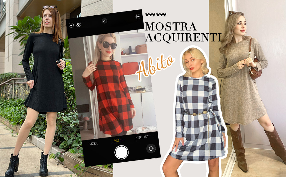 Collage di donne che indossano abiti scozzesi e a quadretti in vari colori. Gli abiti presentano diverse lunghezze delle maniche e orli, a dimostrazione di una collezione