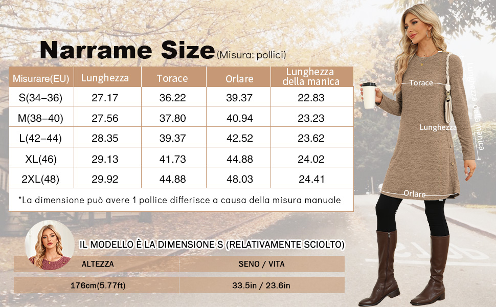 Tabella delle taglie per l'abbigliamento 'Narrame', che mostra le misure per le taglie dalla S alla 2XL. L'immagine include la modella che indossa un maglione beige e