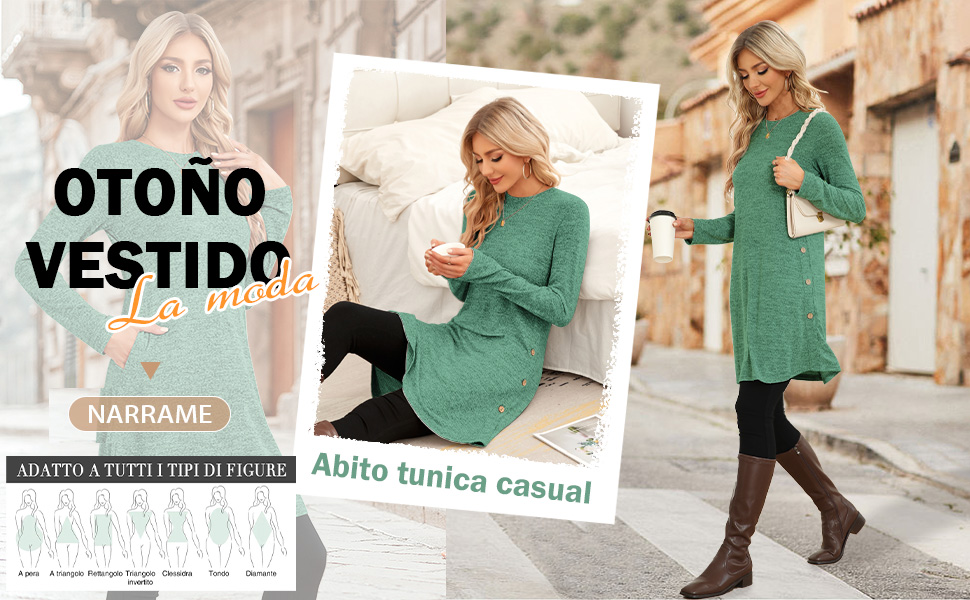 Abito in maglia verde modellato in tre punti di vista: davanti, seduta e camminata. Stile casual per la moda autunnale