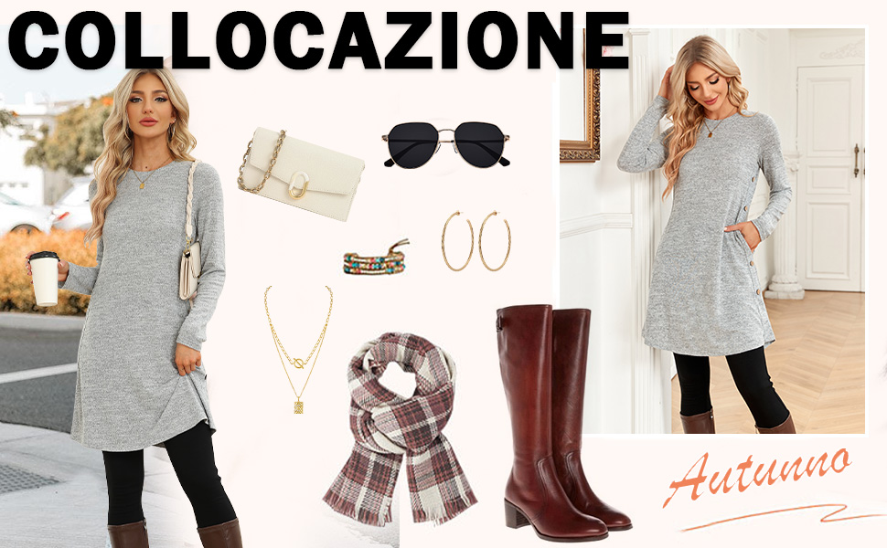 Collage di moda con un abito in maglia grigio, stivali marroni, sciarpa scozzese, occhiali da sole, borsa e gioielli. La modella indossa