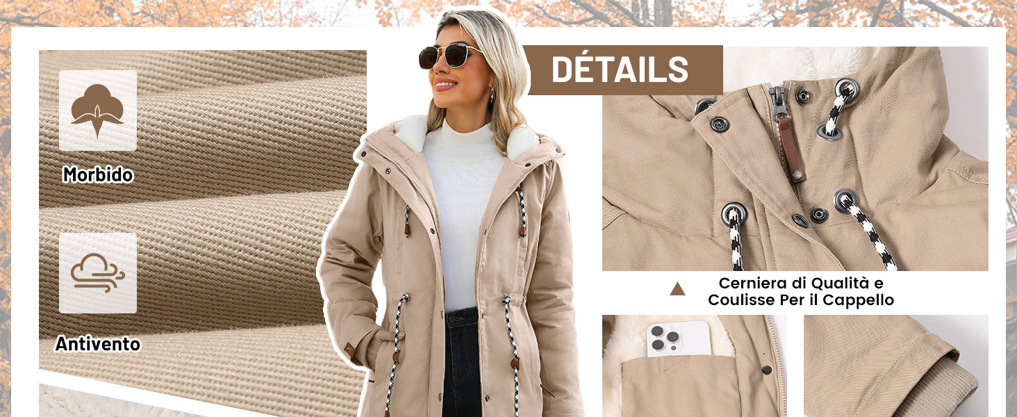 Cappotto beige con cappuccio con caratteristiche impermeabili e antivento. I primi piani mostrano la cerniera, il cordoncino del cappuccio e i dettagli della trama