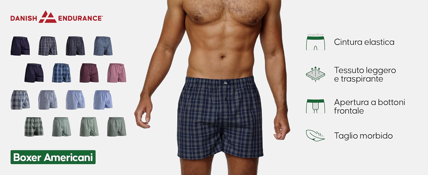 Boxer da uomo in vari colori e fantasie. Le caratteristiche includono cintura elastica, tessuto leggero, chiusura con bottoni e vestibilità comoda