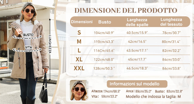 che mostra le misure per le taglie da S a XXL, comprese le dimensioni del busto, della larghezza delle spalle e della lunghezza in italiano