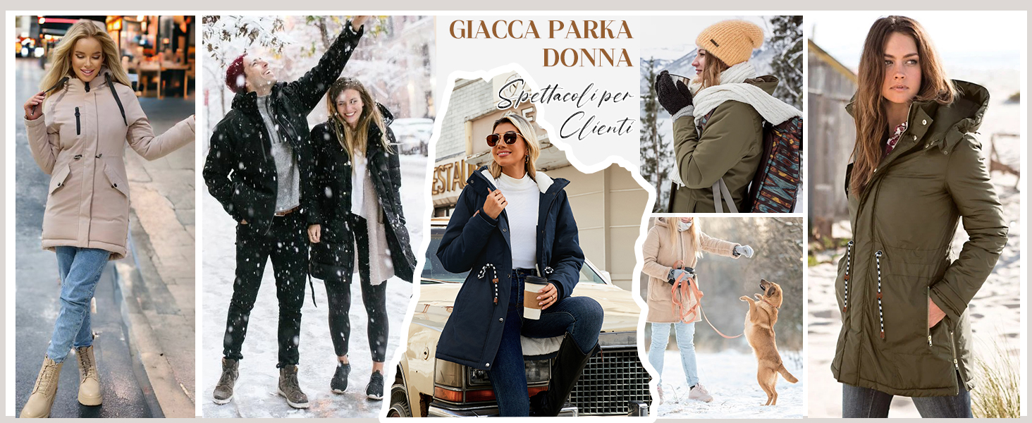 Collage di cinque immagini che mostrano donne che indossano vari cappotti e giacche invernali in ambienti urbani all'aperto. Gli stili includono piumini e cappotti più lunghi