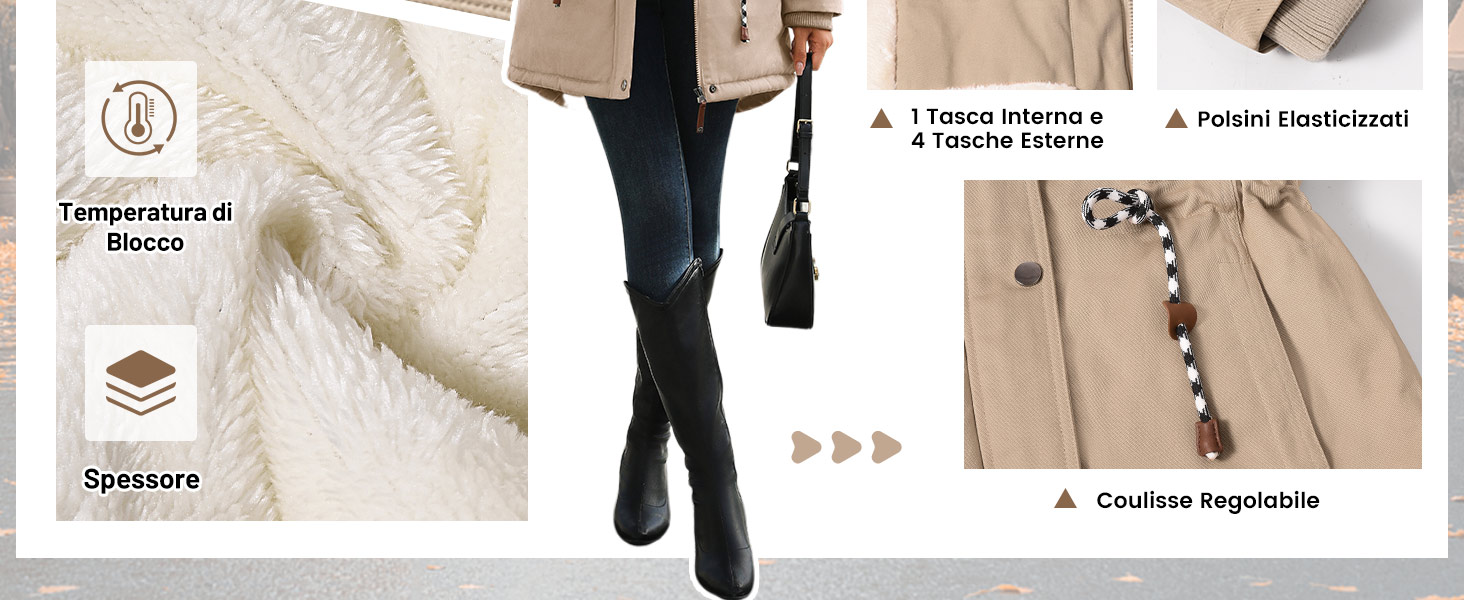 Collage che mostra stivali da donna beige. Le caratteristiche includono altezza alla caviglia, fodera in pelliccia sintetica e bottoni decorativi. Comfort e calore enfatizzati.