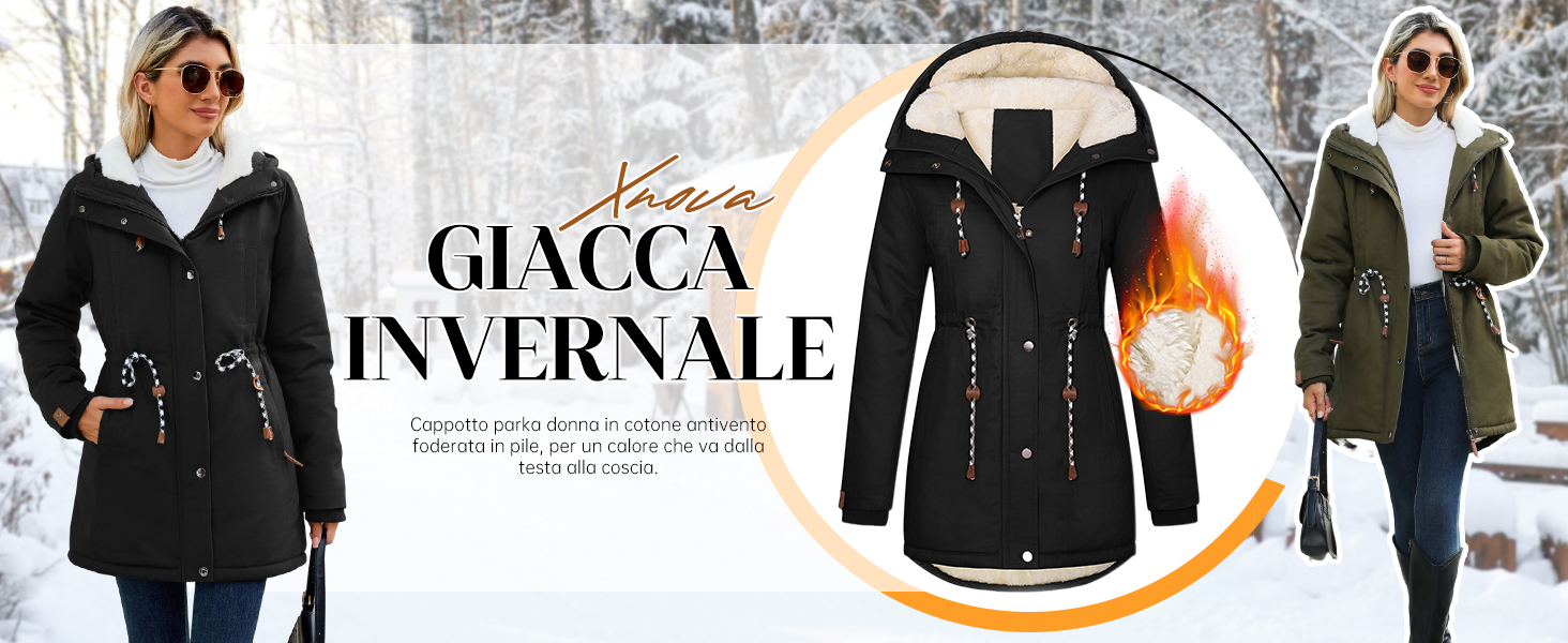 Cappotto invernale nero con cappuccio foderato in pelliccia, chiusura con cerniera e coulisse in vita. Modellato in un ambiente innevato, l'immagine del prodotto mostra la fodera termica.