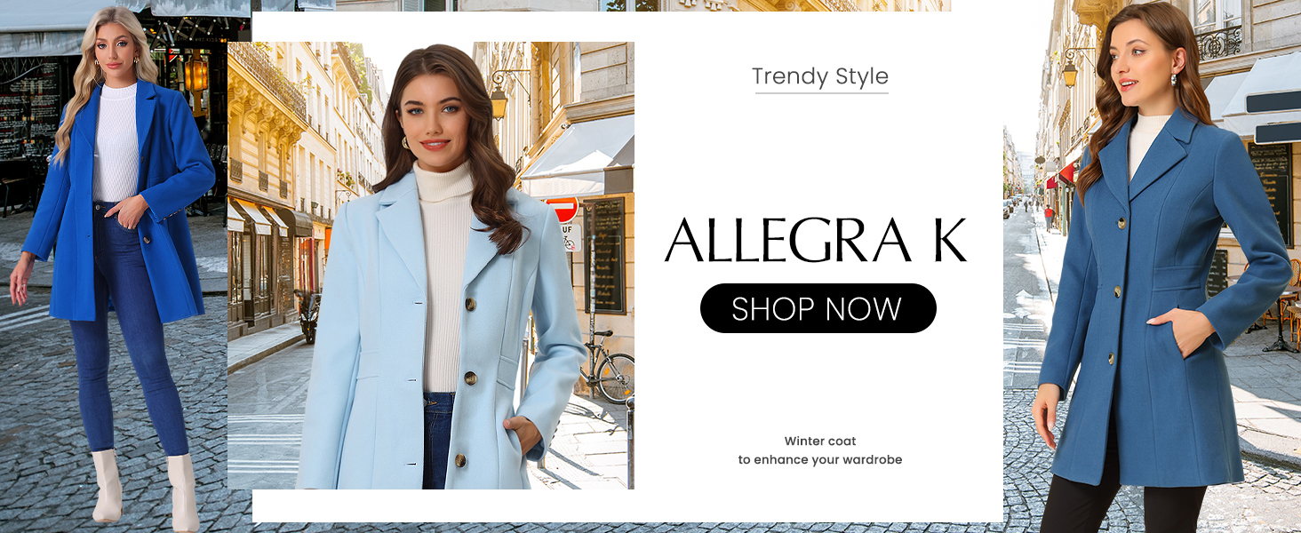 Il testo dice «ALLEGRA K SHOP NOW». Banner del sito di shopping online che mostra diverse foto di moda con abiti blu e abiti in stile invernale/autunnale.