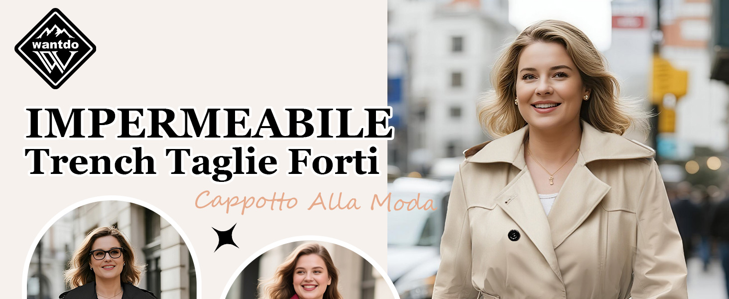 Il testo recita: «IMPERMEABILE» e «Trench Taglie Forti». Pubblicità di prodotto che mostra capispalla in ambienti urbani all'aperto.