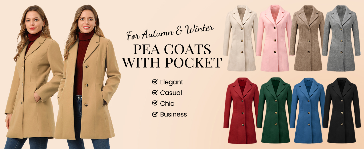 Il testo dice «PEA COATS WITH POCKET». Espositore del prodotto che mostra più cappotti da pisello in vari colori tra cui rosso, verde, blu e beige, disposti in un layout promozionale.