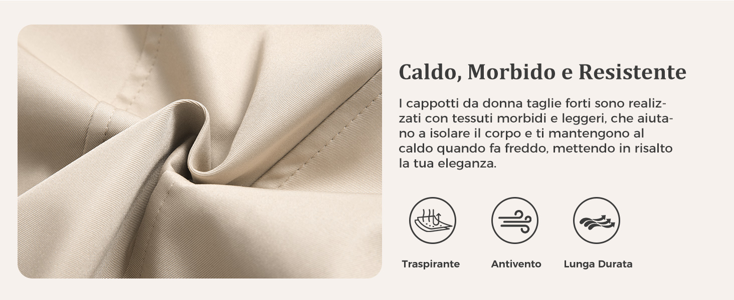 Materiale in tessuto beige con icone che mostrano le caratteristiche del prodotto. Il testo include «Calido Moldable Resistente». Le icone indicano le proprietà di calore, modellabilità e resistenza.