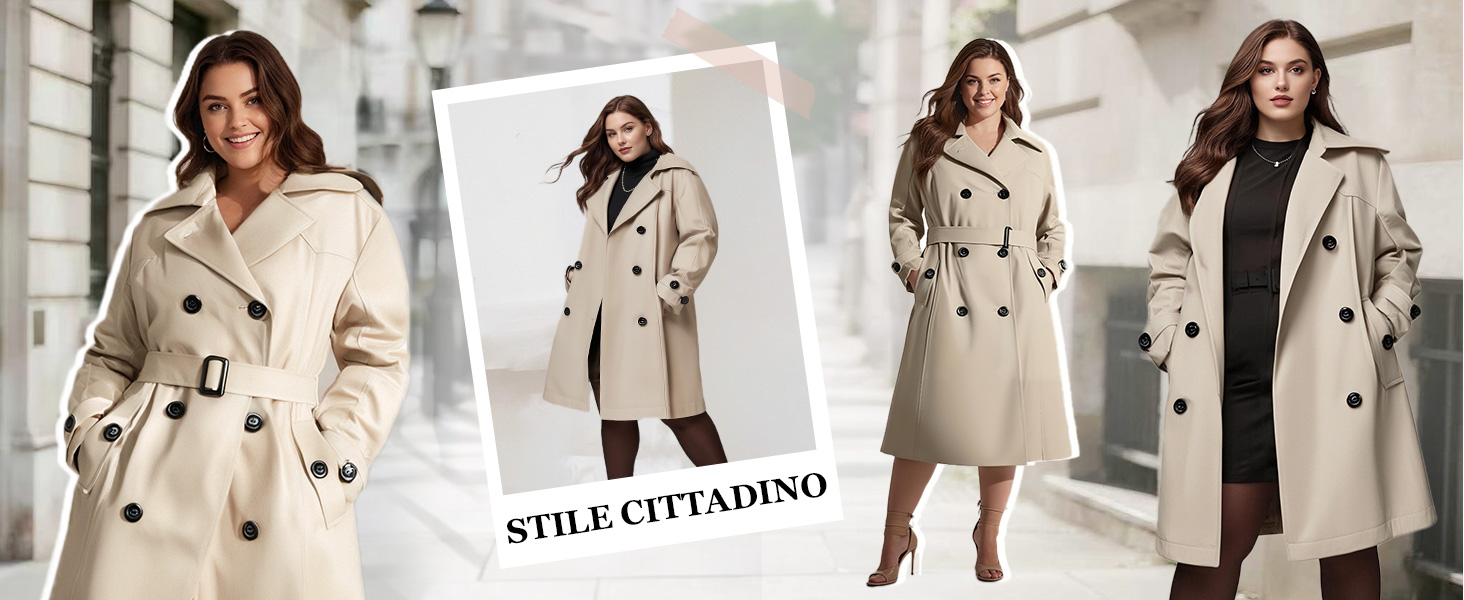 Il testo recita «STILE CITADINO». Viste multiple di un trench coat beige mostrato da diverse angolazioni, con caratteristiche di design e opzioni di stile.
