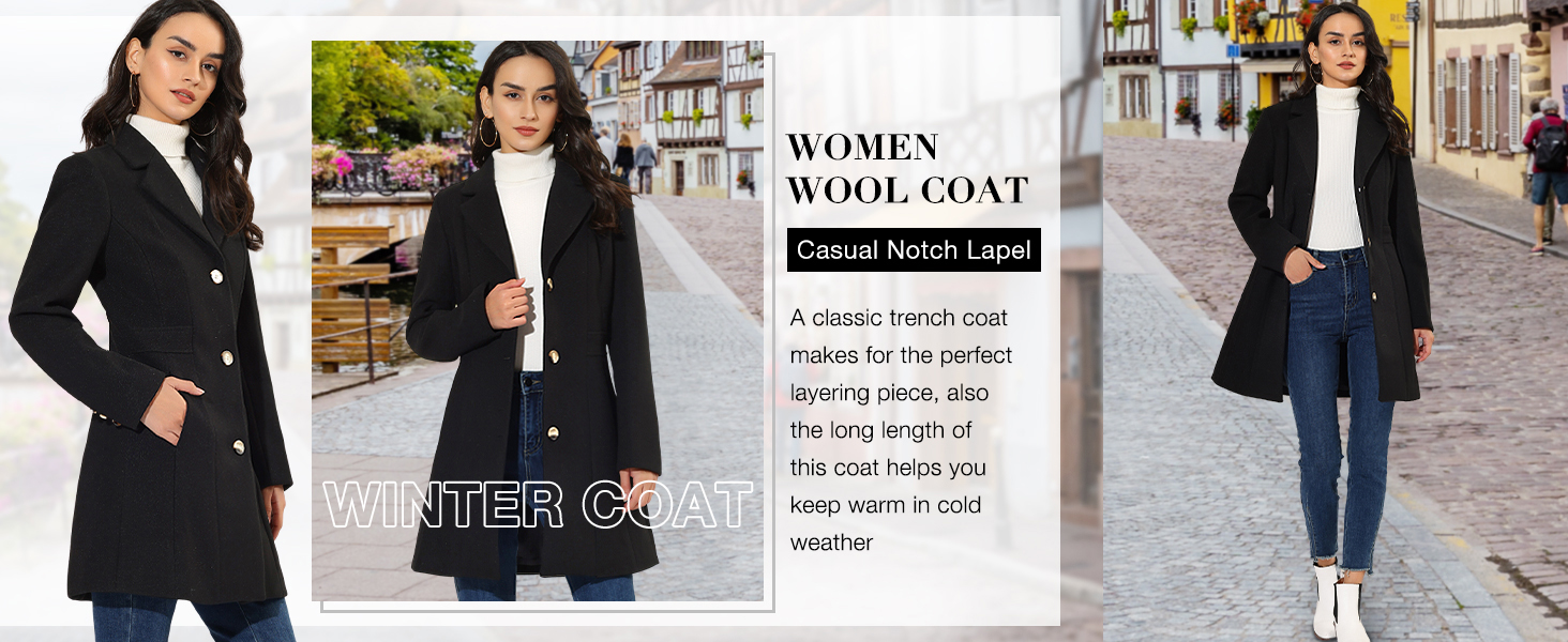 Il testo recita «CAPPOTTO IN LANA DA DONNA». Raccolta di foto dei prodotti che mostrano un cappotto di lana nera in varie angolazioni e posizioni di stile.