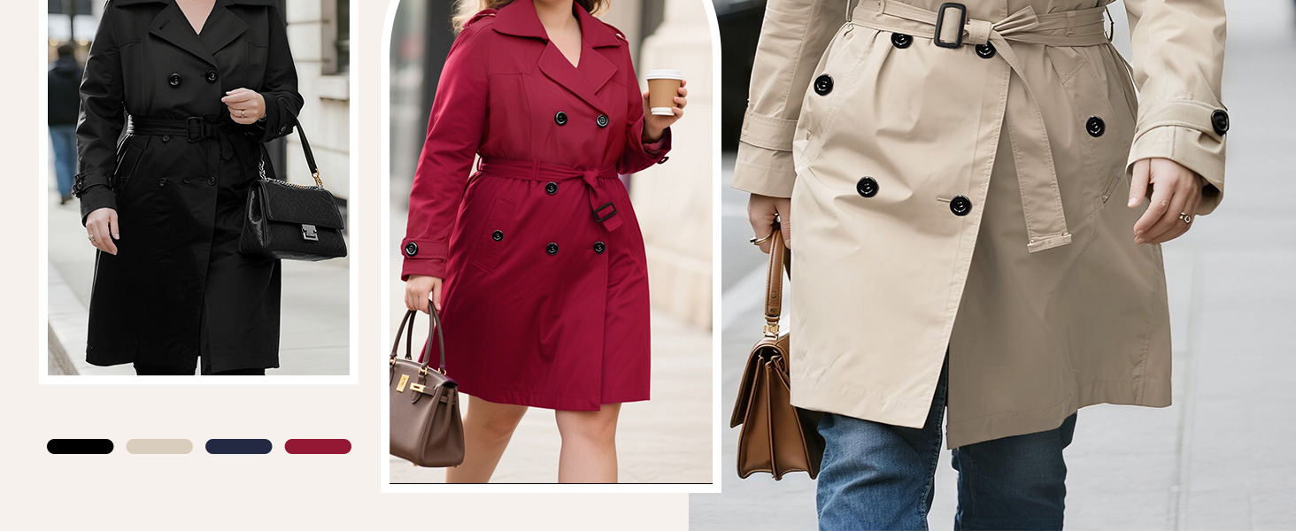 Griglia dei prodotti di moda che mostra vari trench nei colori beige, nero e bordeaux, visualizzati su modelli da diverse angolazioni.
