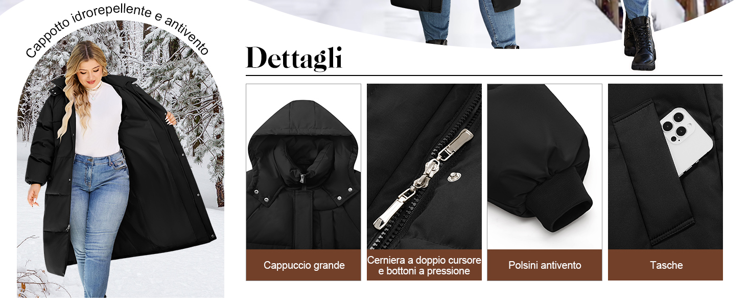 Il testo dice 'Dettagli'. Layout del prodotto di moda che mostra più capi di abbigliamento in bianco e nero, disposti a griglia con etichette di categoria.