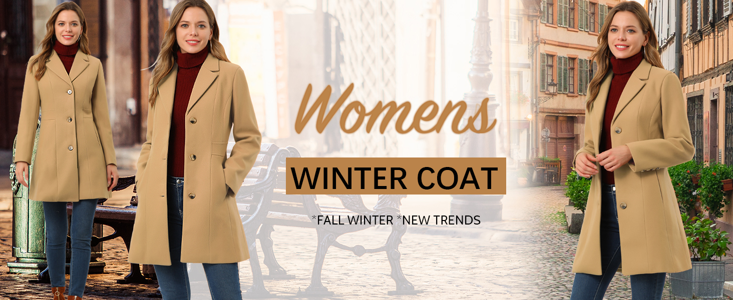 Il testo recita «CAPPOTTO INVERNALE DA DONNA». Tre vedute di un cappotto di lana color cammello con colletto marrone, mostrato indossato all'aperto.