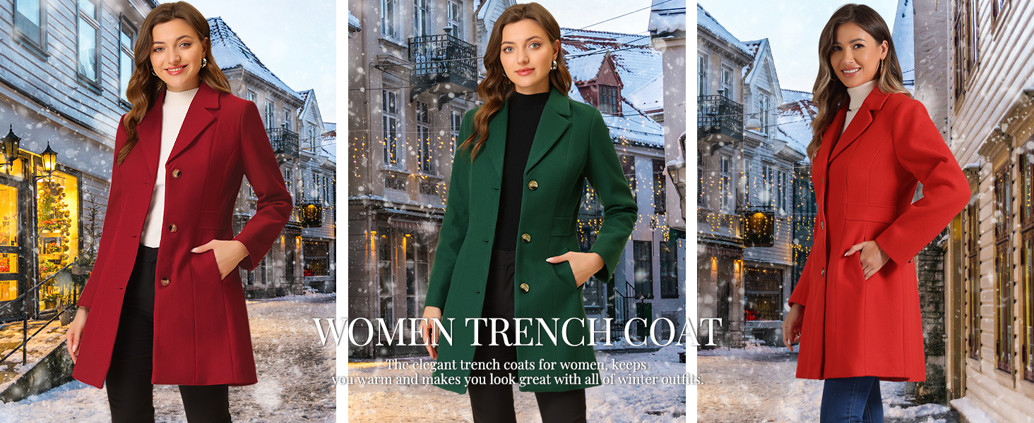 Il testo recita «OMINI TRENCH COAT». Diverse foto promozionali che mostrano la collezione di capispalla invernali con trench nei colori rosso e verde su sfondi urbani.