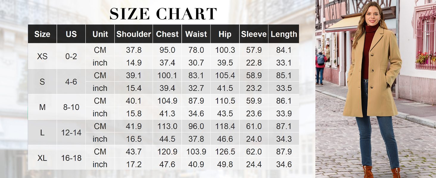 Il testo riporta «TABELLA DELLE TAGLIE» seguita da tabelle di misurazione dettagliate. Mostra i capi di abbigliamento e le informazioni sulle taglie con misure numeriche in colonne.