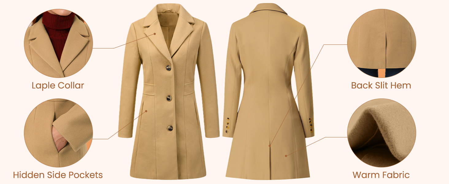 Illustrazione tecnica che mostra diverse viste e dettagli del design di un cappotto beige, inclusi primi piani di risvolti, tasche e silhouette generale.